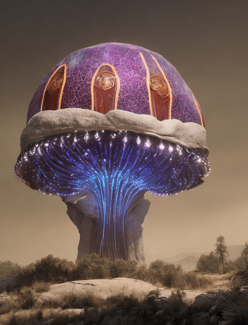 Fantastical giant purple mushroom with ornate doors in desert landscape