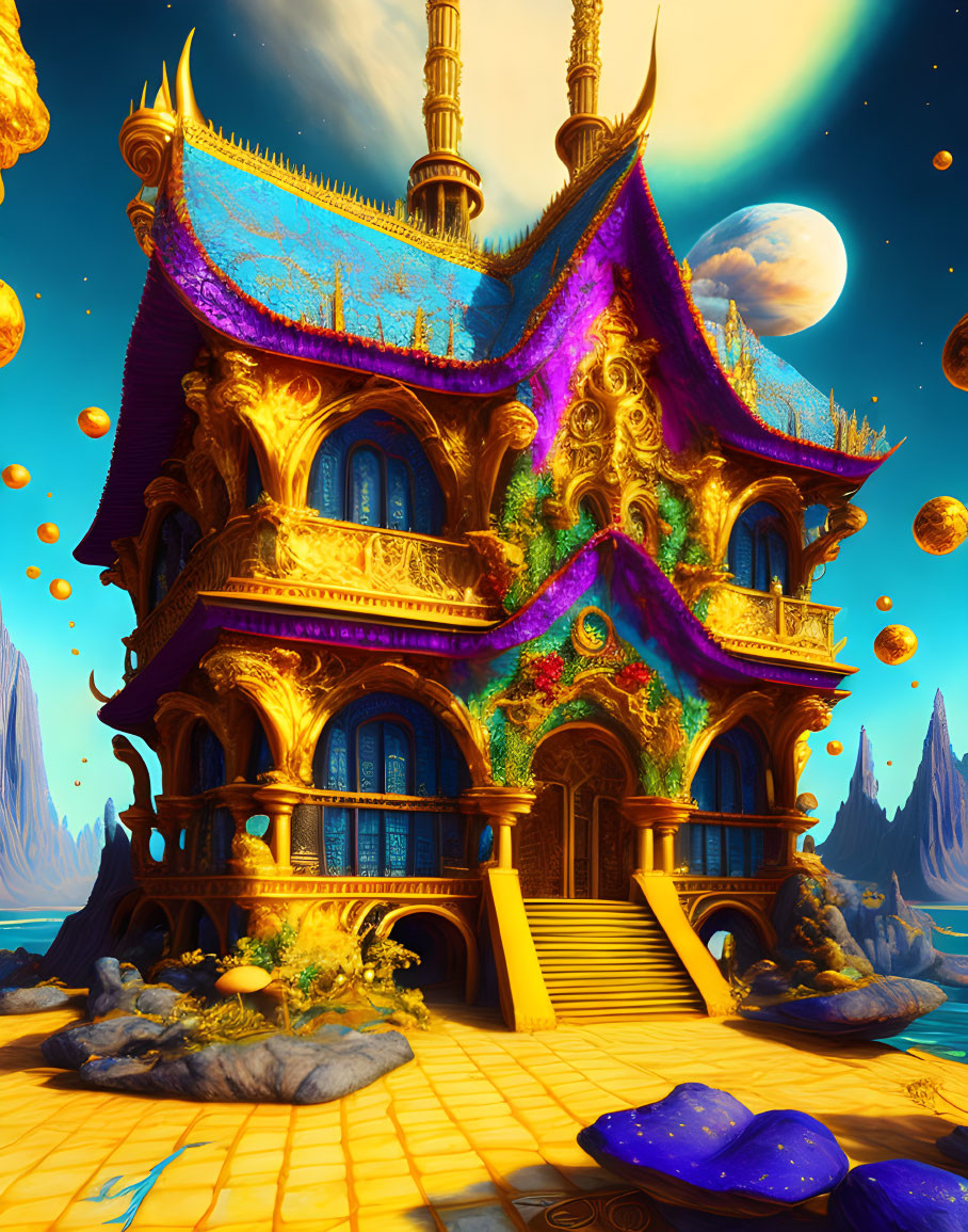 Golden Palace with Purple and Blue Hues Under Moonlit Sky