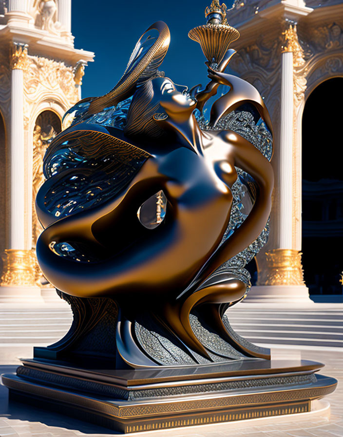 Glossy black sculpture with golden highlights against classic building