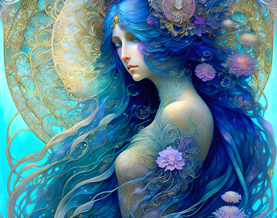 Fantasy illustration: Woman with long blue hair and gold details in floral setting