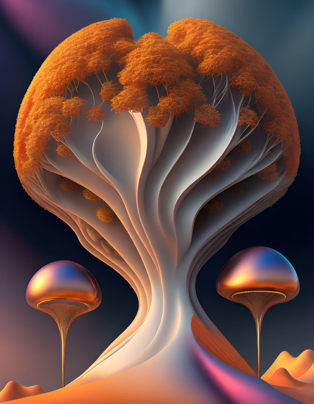 Surreal digital artwork: oversized tree with dome-like orange canopy against gradient backdrop