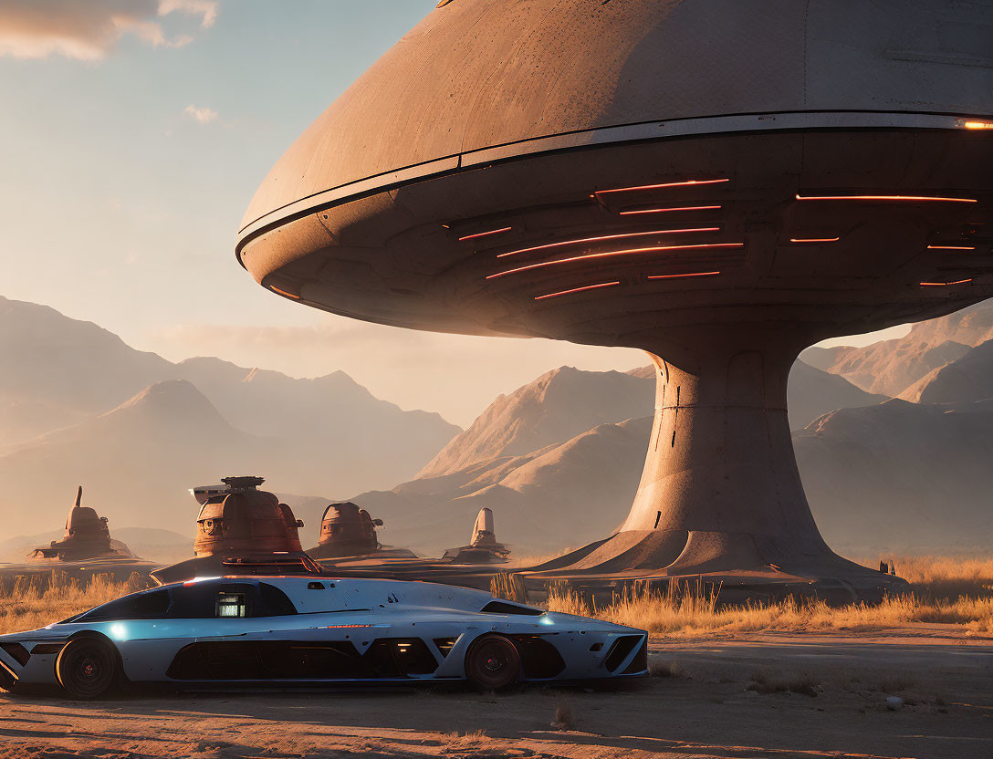 Futuristic white sports car in desert with alien-like structures and mountains.