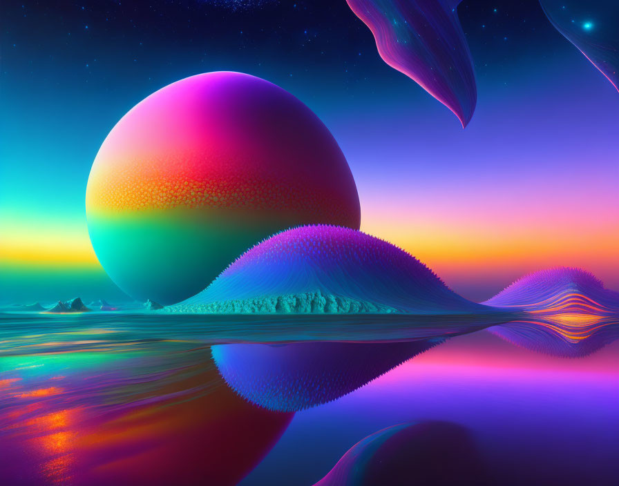 Colorful Sphere Over Surreal Landscape with Water and Islands