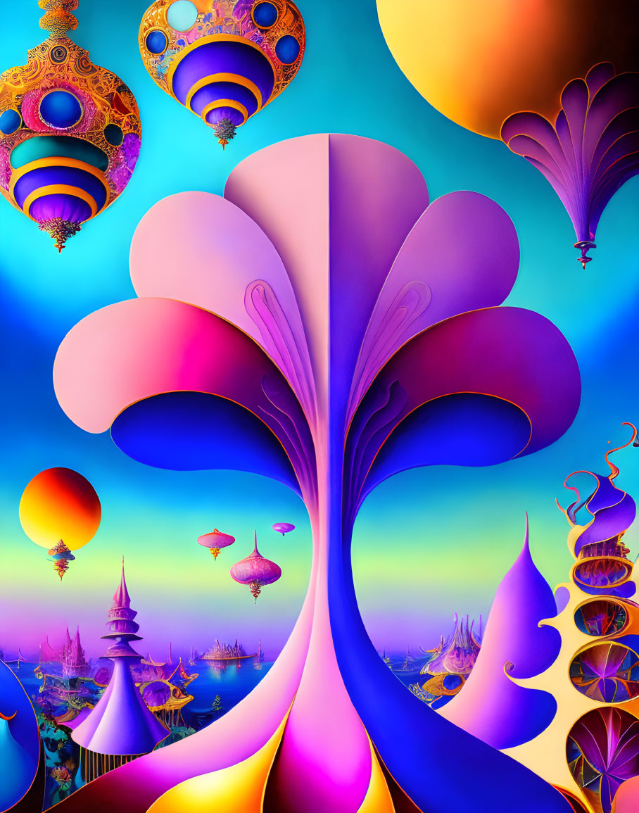 Colorful surreal landscape with floating islands and whimsical buildings