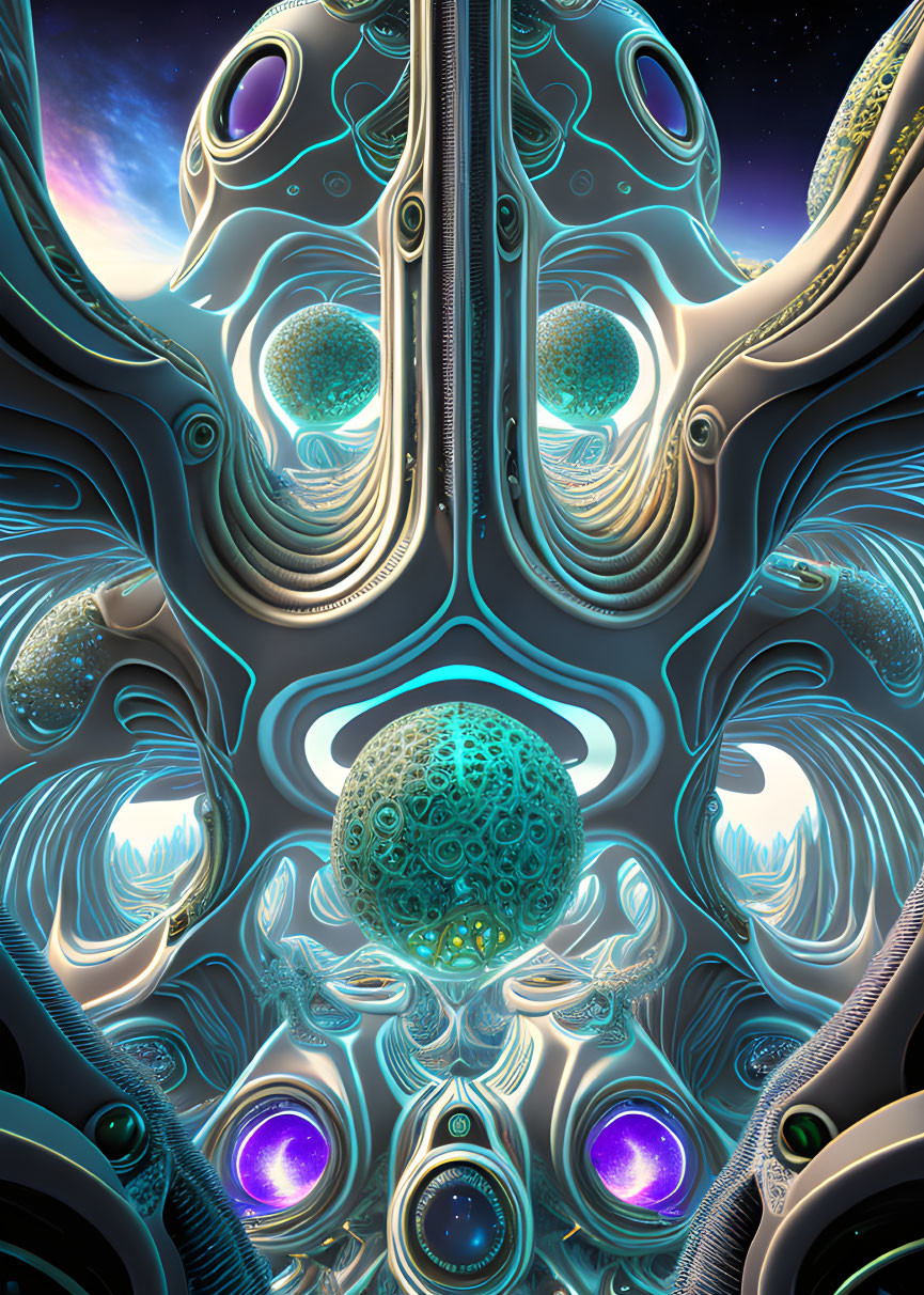 Abstract cosmic entity with symmetrical patterns and glowing orbs