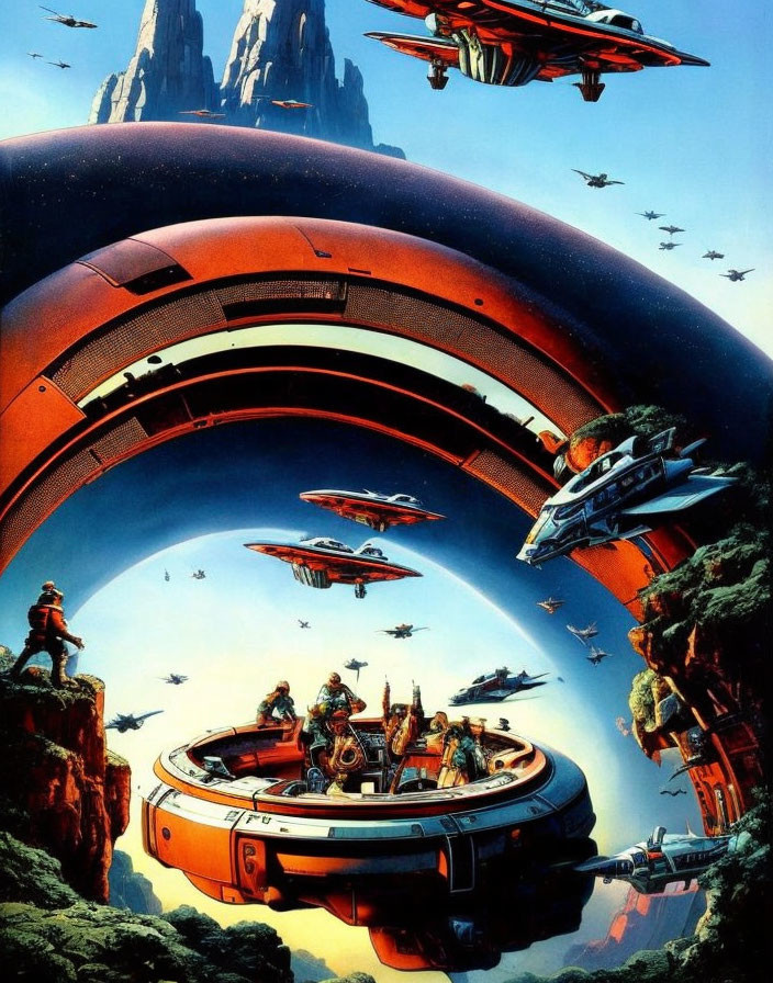 Futuristic spacecraft over circular structure with human figures in sci-fi illustration