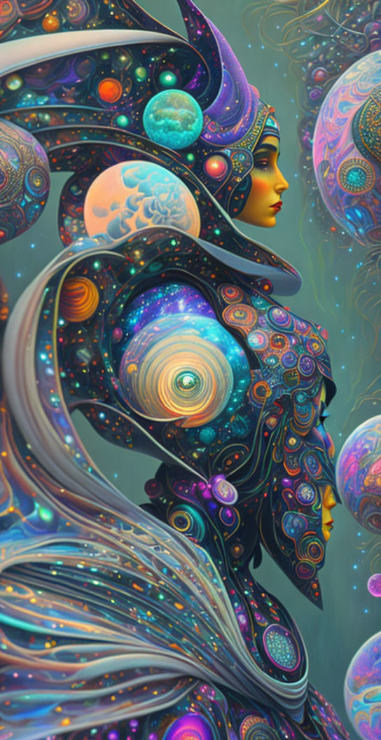 Vibrant cosmic portrait of a woman with celestial elements