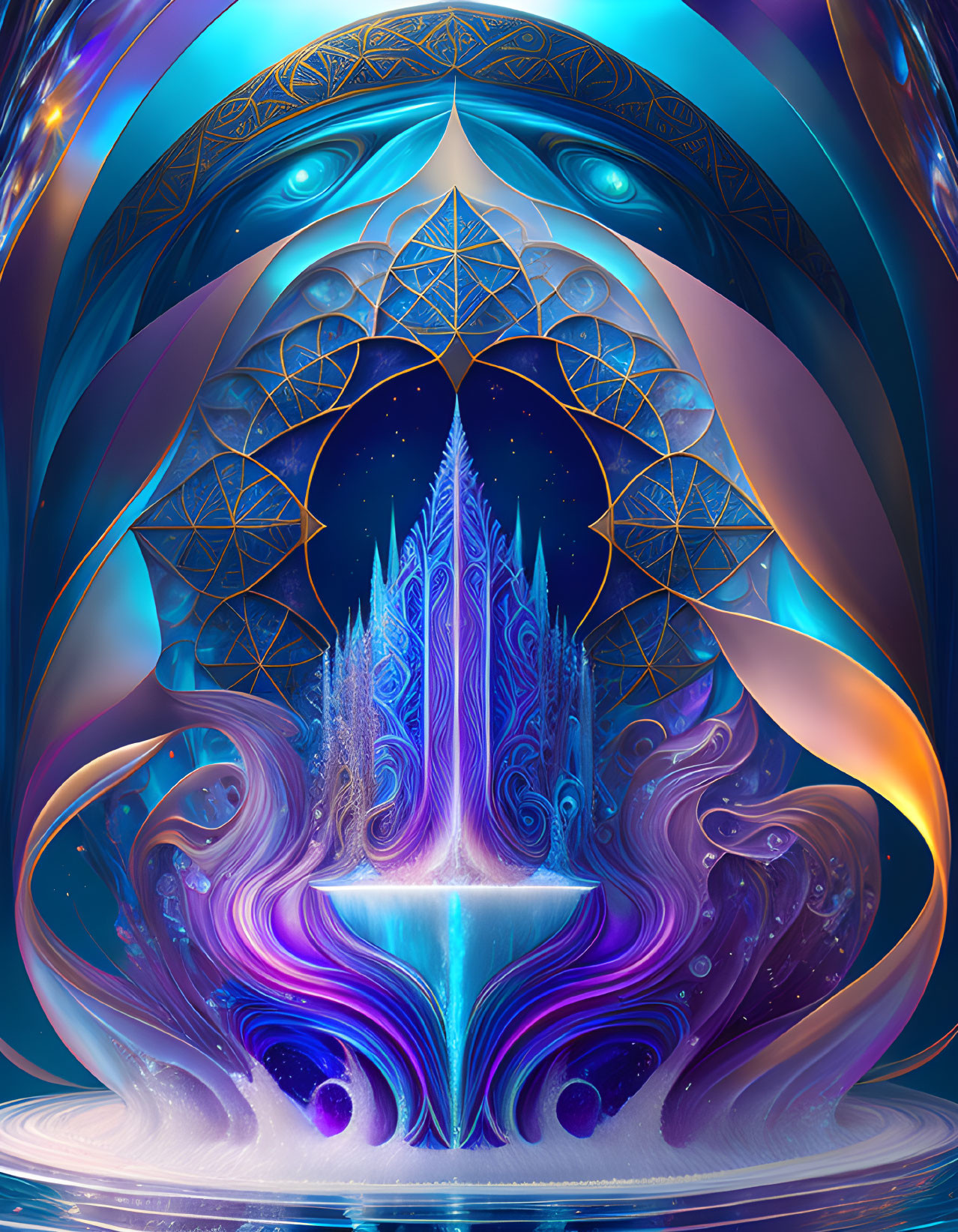 Symmetrical cosmic digital artwork with geometric patterns