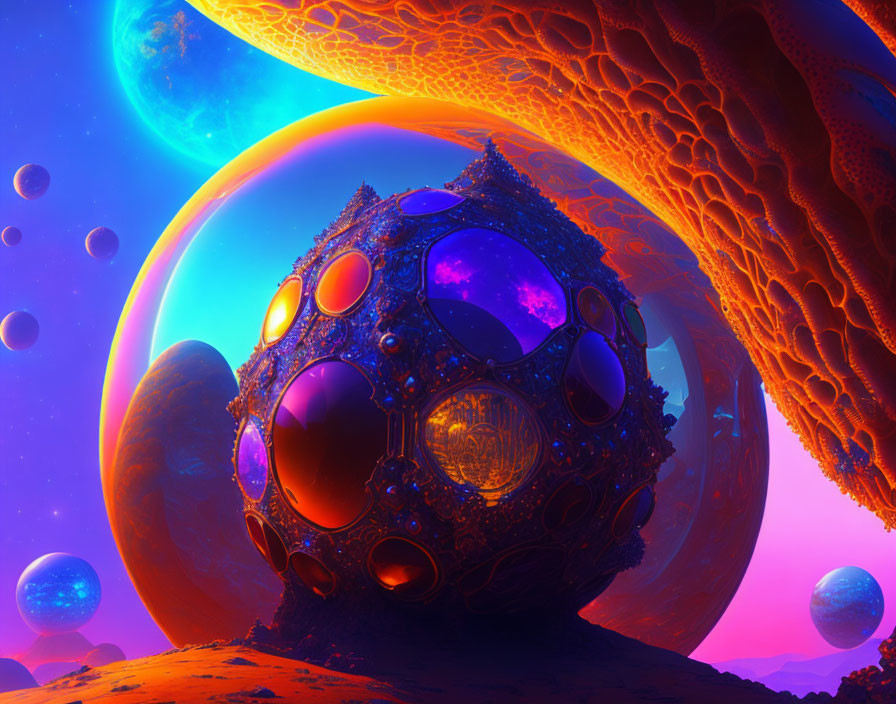 Colorful digital artwork: intricate sphere, glowing orbs, celestial sky, oversized planets, textured orange landscape