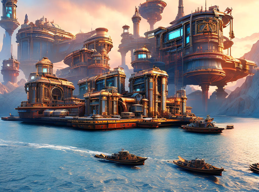 Advanced coastal city with towering structures and ships at sunset