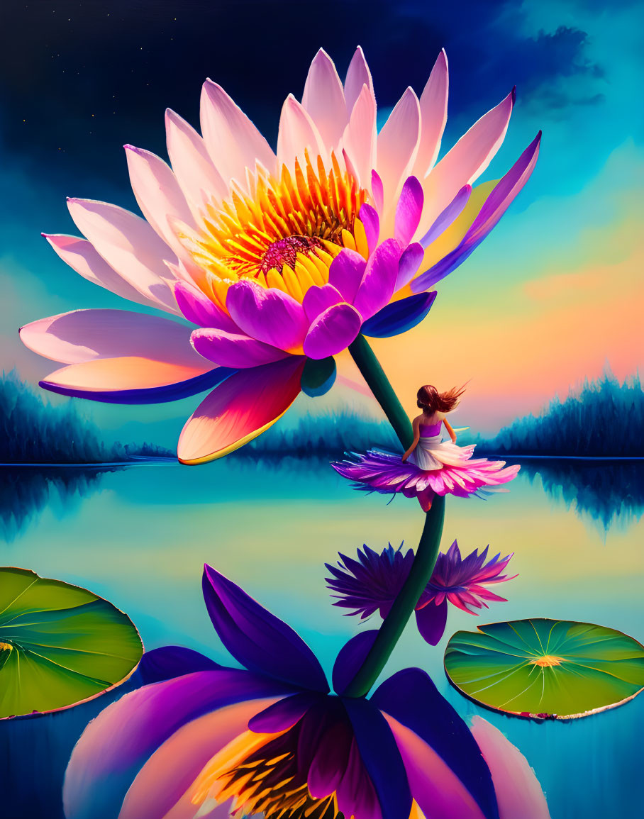 Colorful artwork of person on lotus flower by serene lake at twilight