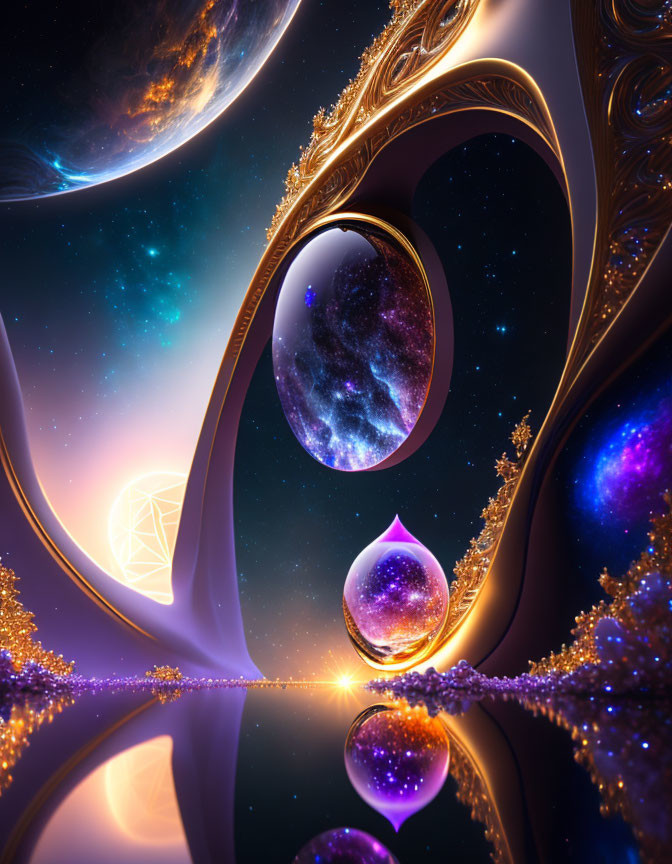 Surreal cosmic scene with golden structures and celestial bodies