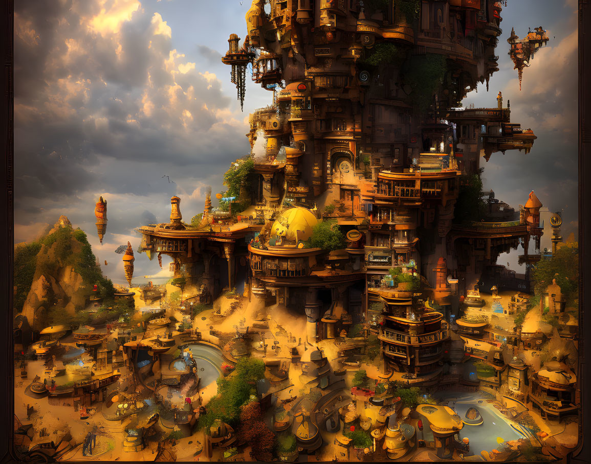 Towering fantasy city with intricate architecture in golden landscape