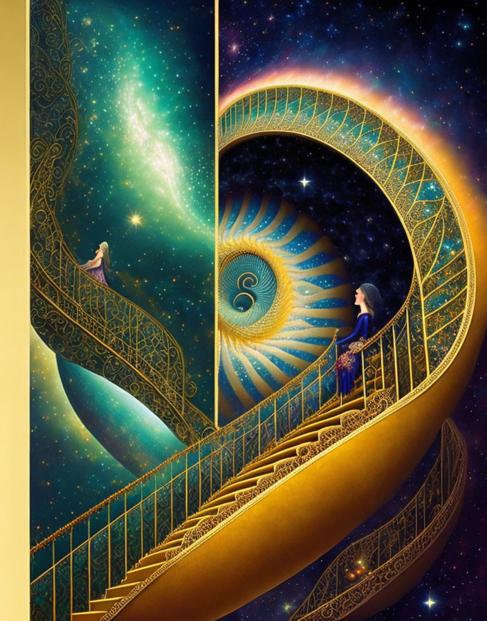 Surreal artwork: Golden staircase with figures in cosmic setting
