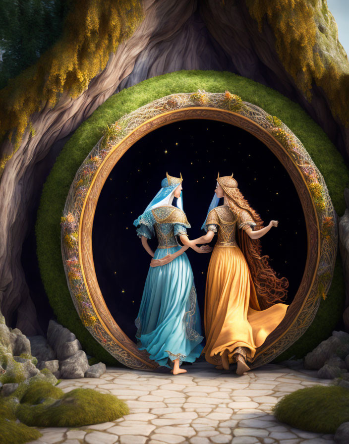 Medieval women entering circular portal in starry universe landscape