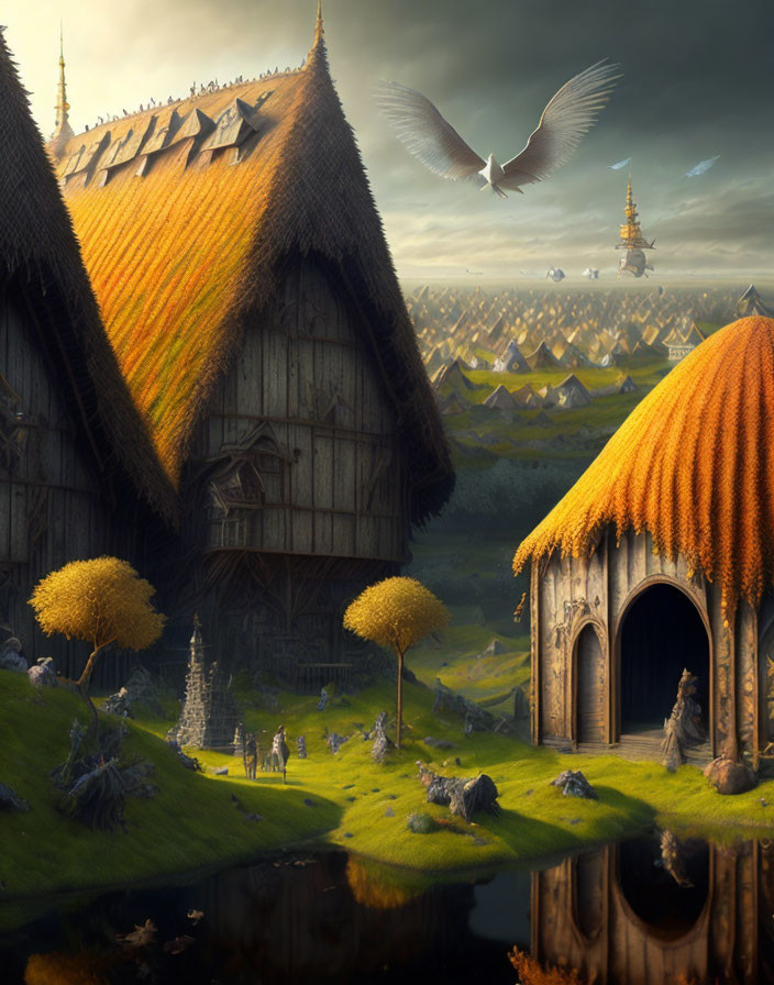 Majestic Thatched-Roof Houses in Vibrant Fantasy Landscape