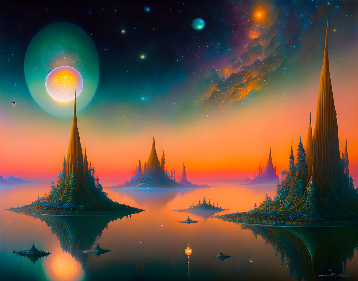 Fantastical landscape with spire-like mountains, tranquil water, starry sky, moon, and