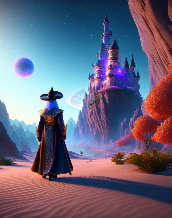 Wizard in Starry Cloak Gazes at Castle on Mountain under Twilight Sky