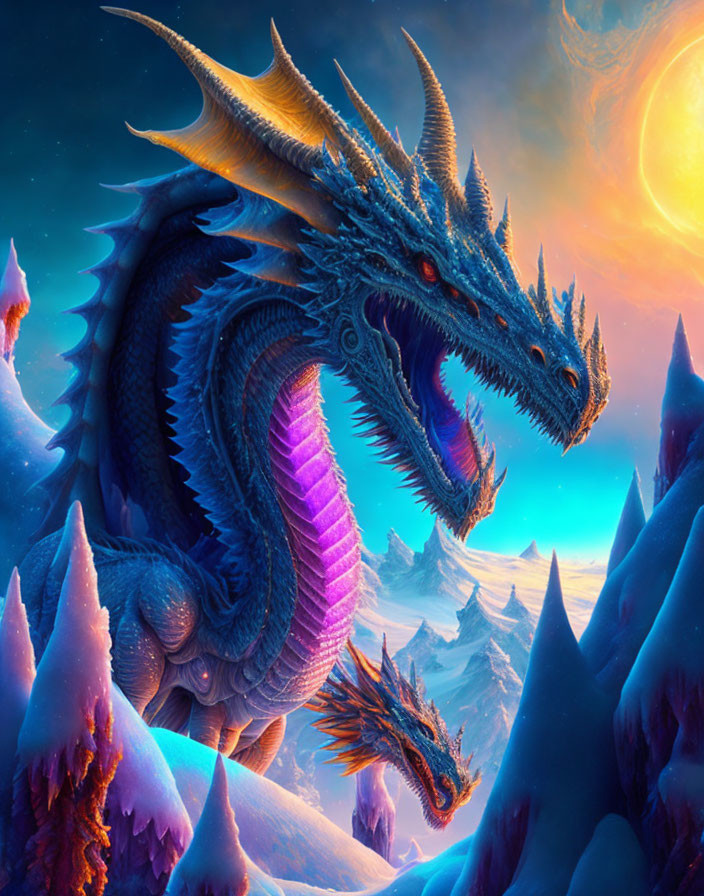 Fantastical artwork of majestic dragons in icy peaks with glowing orb