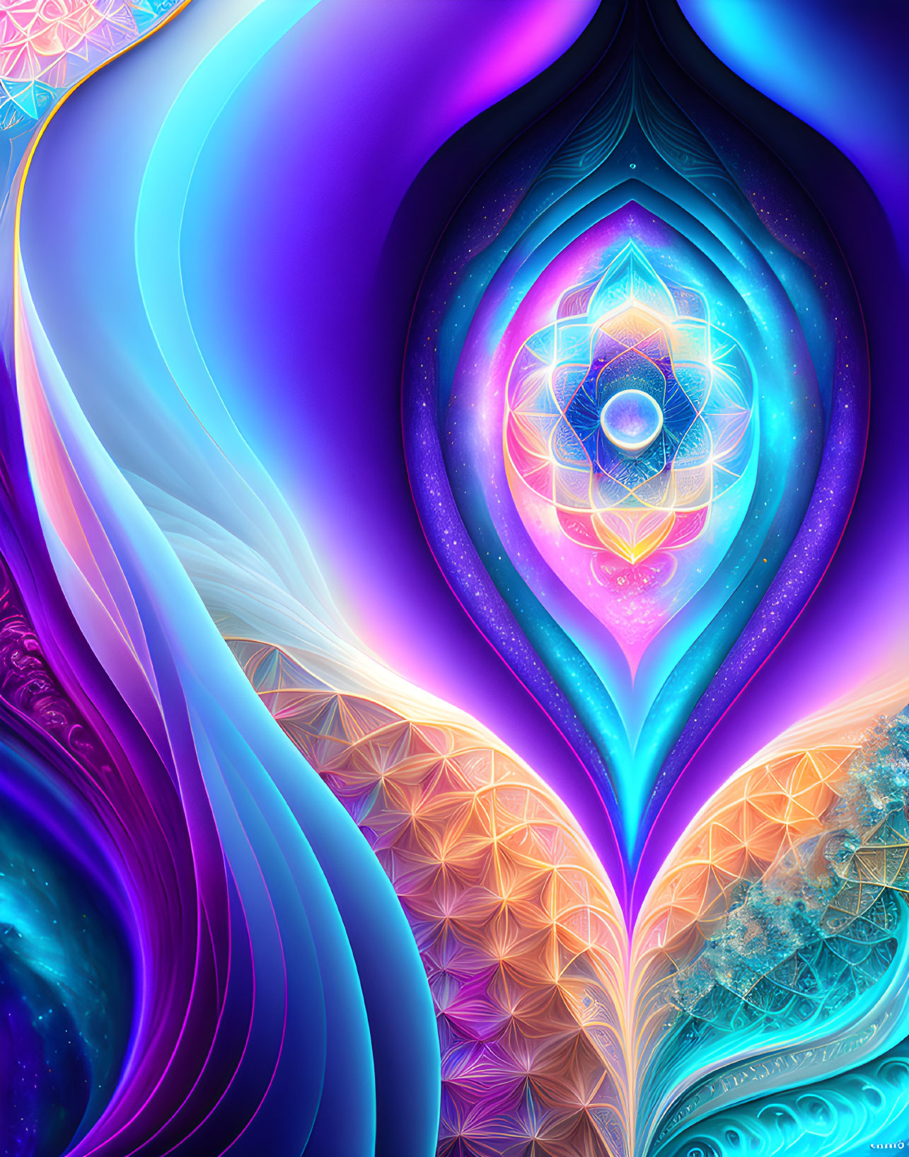Abstract digital artwork: Vibrant blue and purple shapes with intricate geometric patterns and glowing mandala center