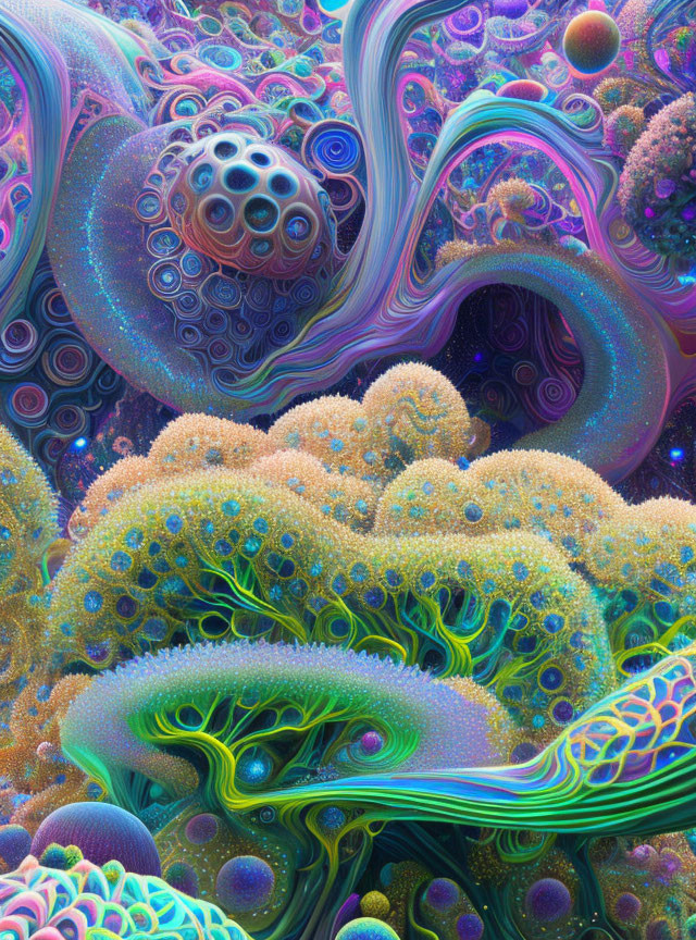 Colorful digital artwork with psychedelic swirls, bubbles, and fractal patterns