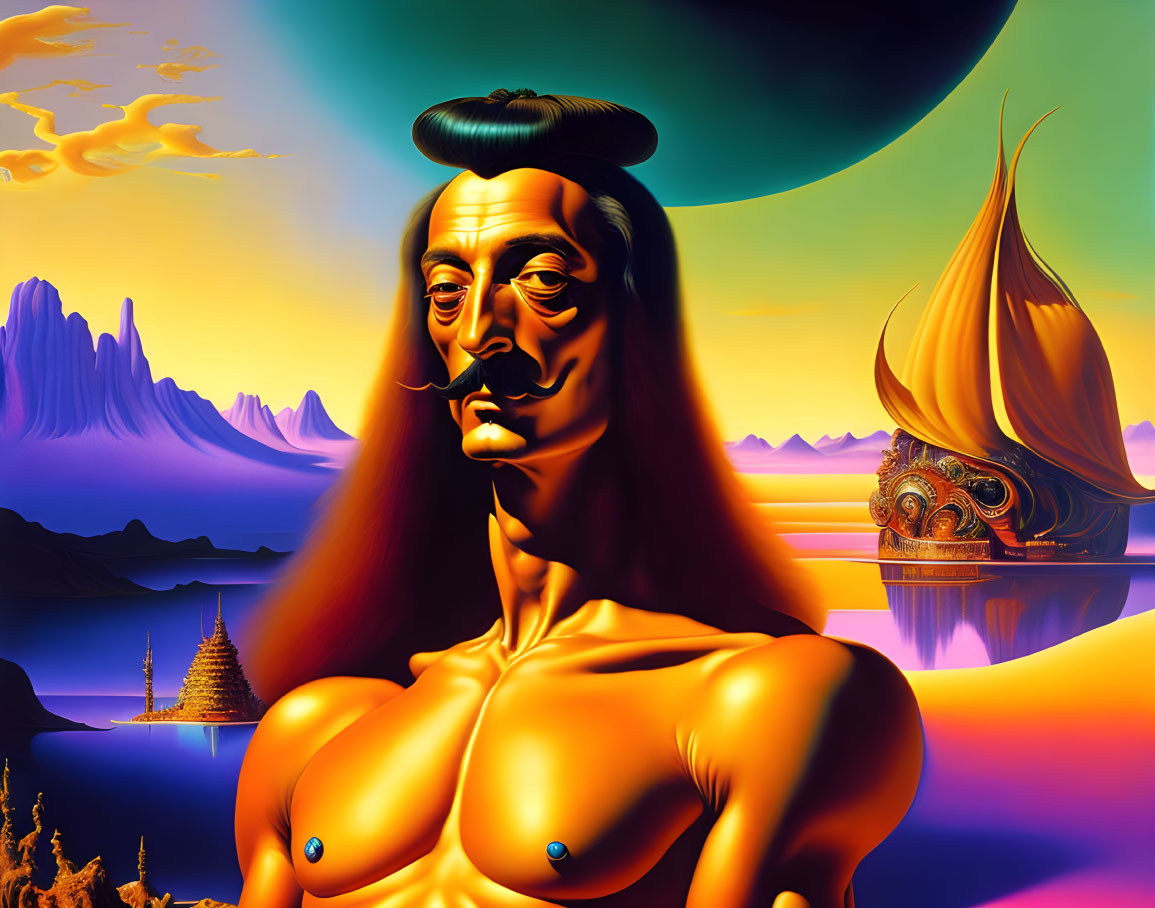 Muscular figure with distorted face in surreal landscape with mountains and ship