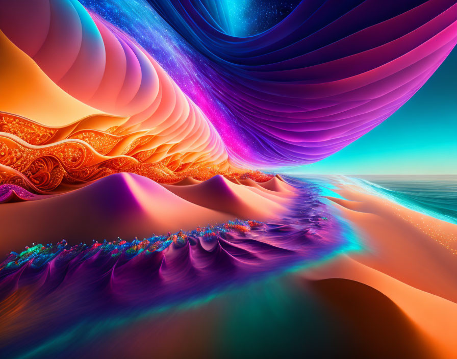 Colorful digital artwork: surreal desert dunes meet cosmic sky & fractal waves