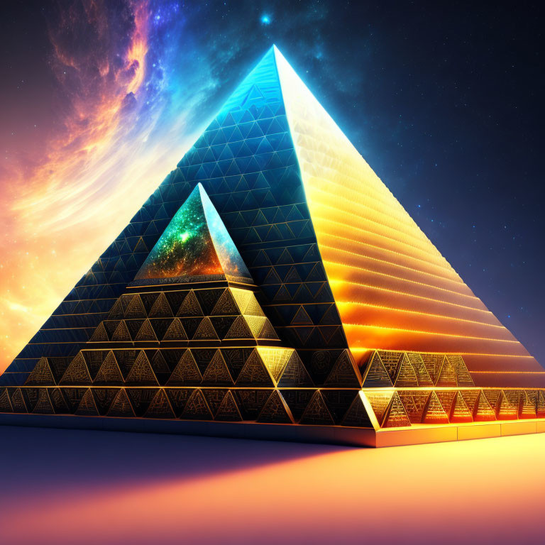 Digital artwork: Glowing pyramid with cosmic elements under starry sky