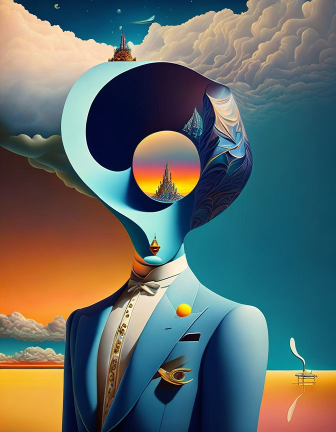 Surreal portrait of figure with keyhole-shaped head in stylish suit against dramatic sky.