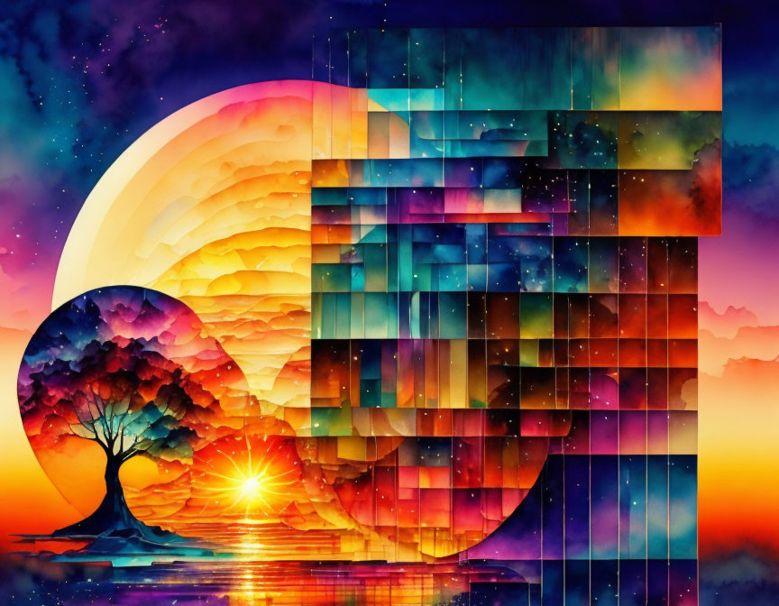 Colorful digital artwork: Stylized tree, sun, water, geometric clouds