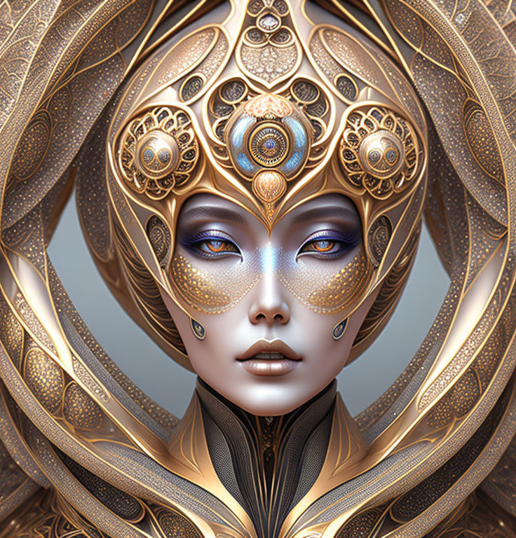 Elaborate golden headgear on woman in digital artwork