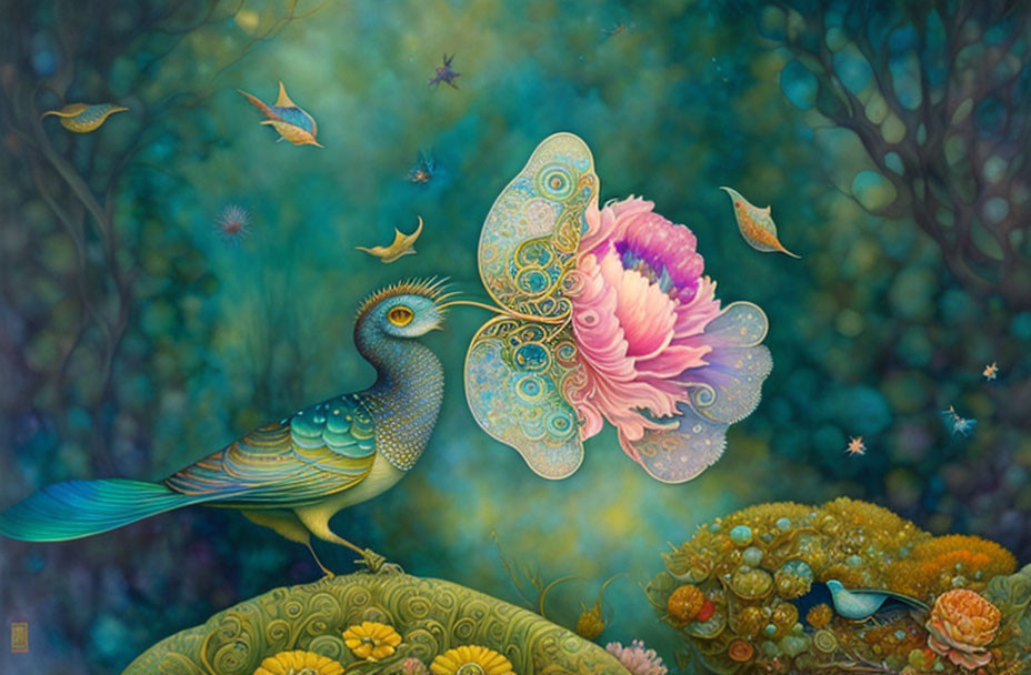 Colorful surreal artwork: bird with butterfly-like tail on vibrant landscape