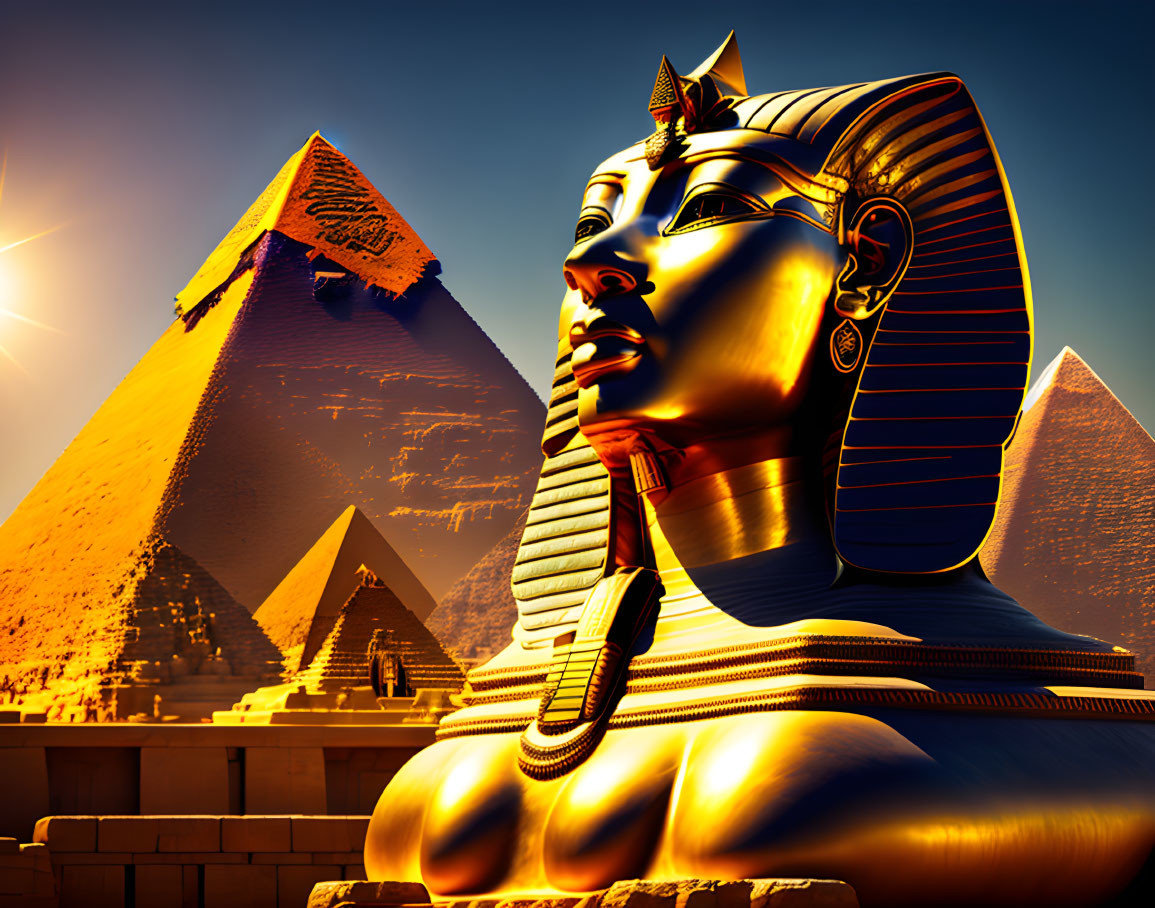 Golden Sphinx Statue with Egyptian Headdress by Pyramids under Bright Sun