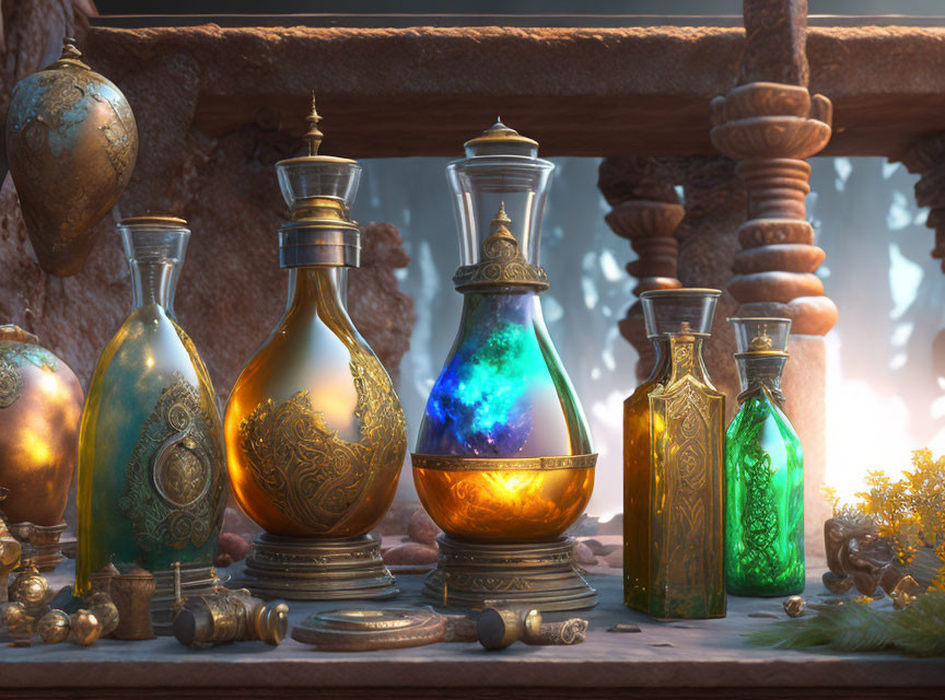 Antique Potion Bottles with Glowing Liquids on Wooden Shelf