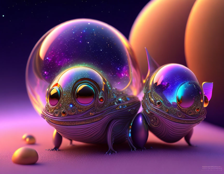 Iridescent snail-like creatures in cosmic shells on purple background