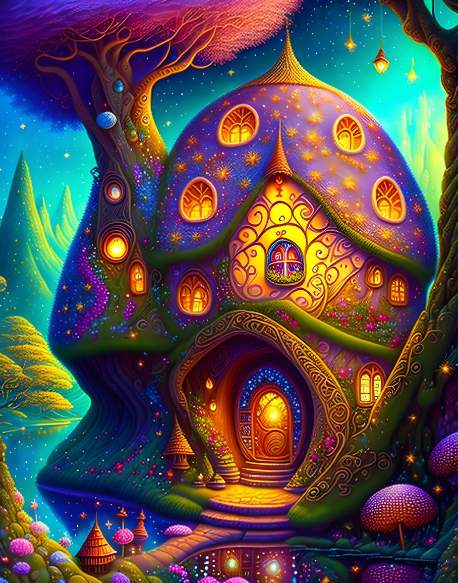 Fantasy Mushroom House Illustration in Enchanted Forest