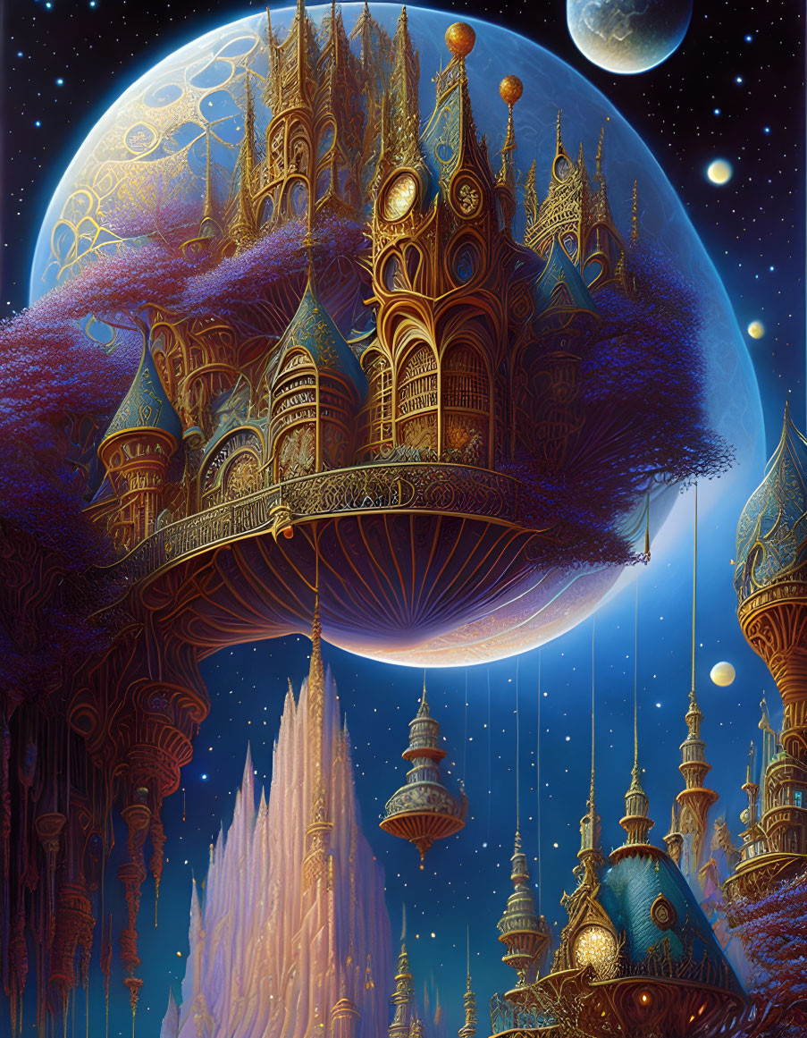 Ornate golden buildings in fantastical floating city at night