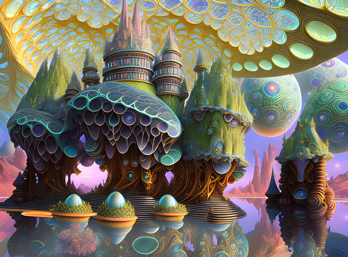 Fantastical landscape featuring ornate mushroom-like structures and intricate sky patterns