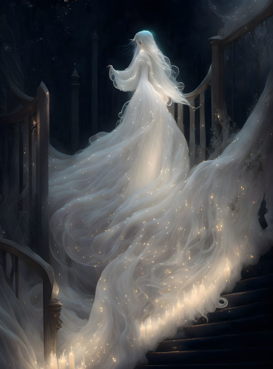 Ghostly Figure in White Gown on Dimly Lit Staircase