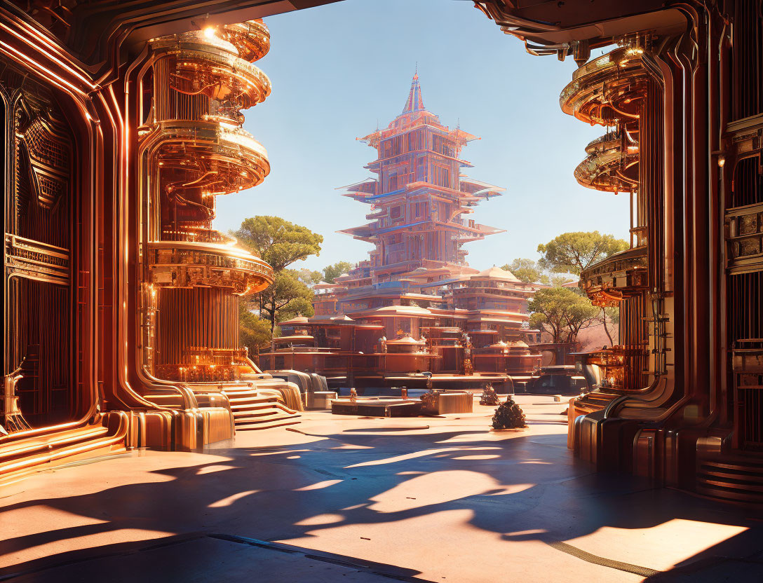 Futuristic room with ornate copper structures and central edifice view
