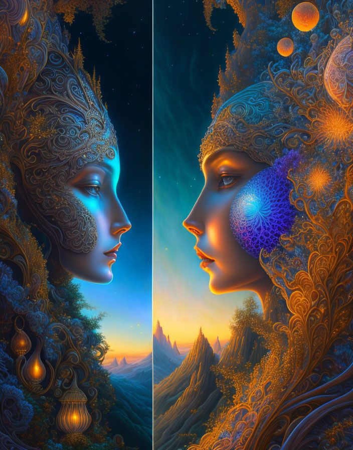Ornate feminine faces against starry night sky and surreal landscape