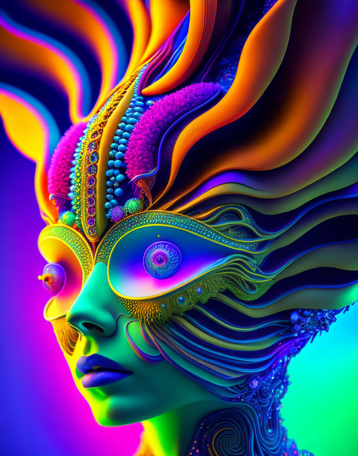 Colorful surreal digital artwork of a female figure with intricate headdress and swirling patterns