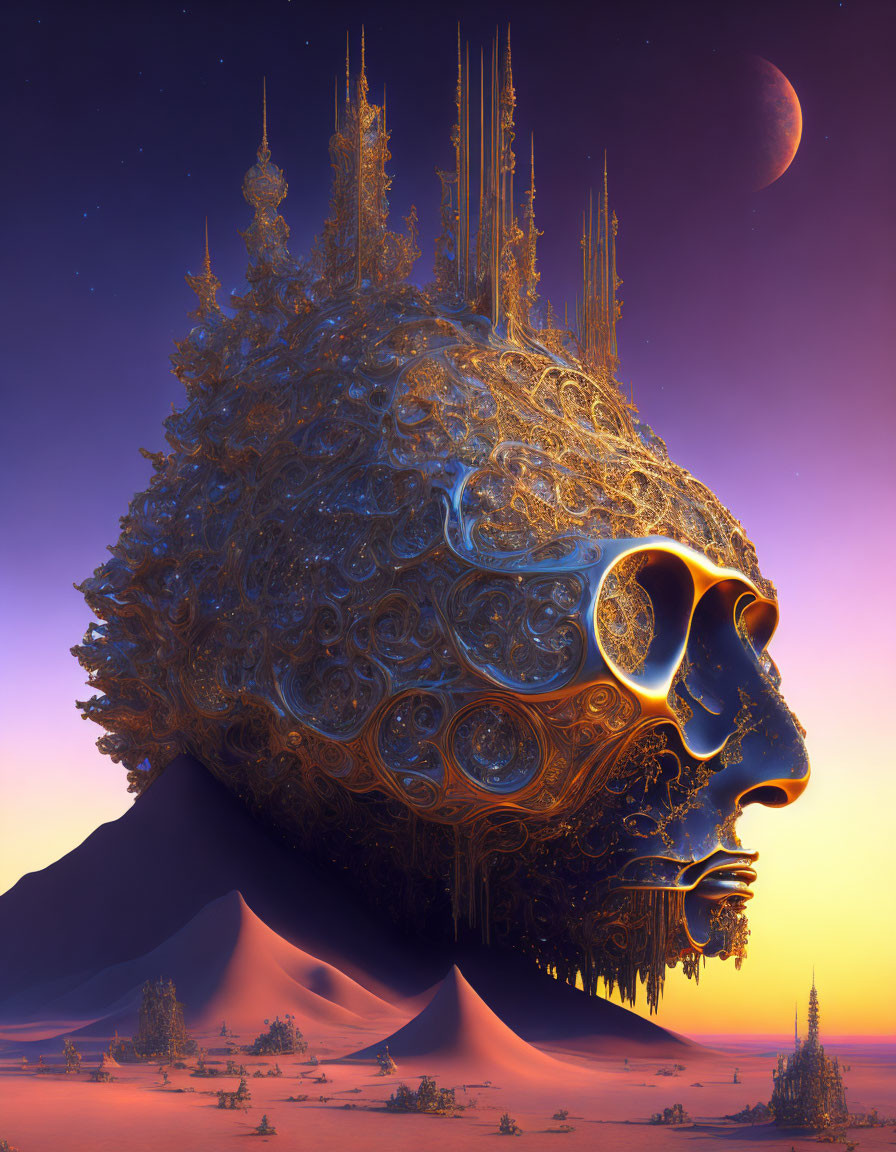 Intricate golden head-shaped structure in surreal twilight landscape