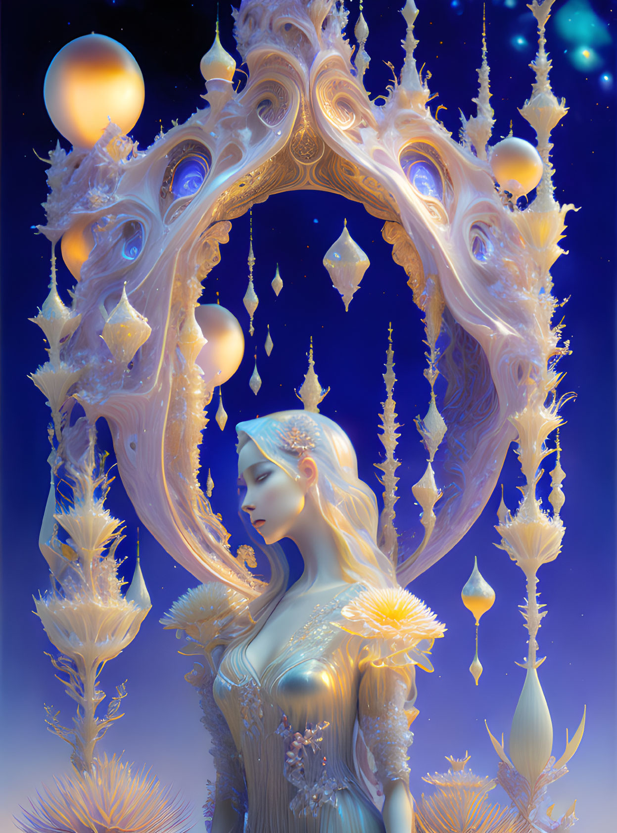 Ethereal female figure amidst golden structures and celestial bodies