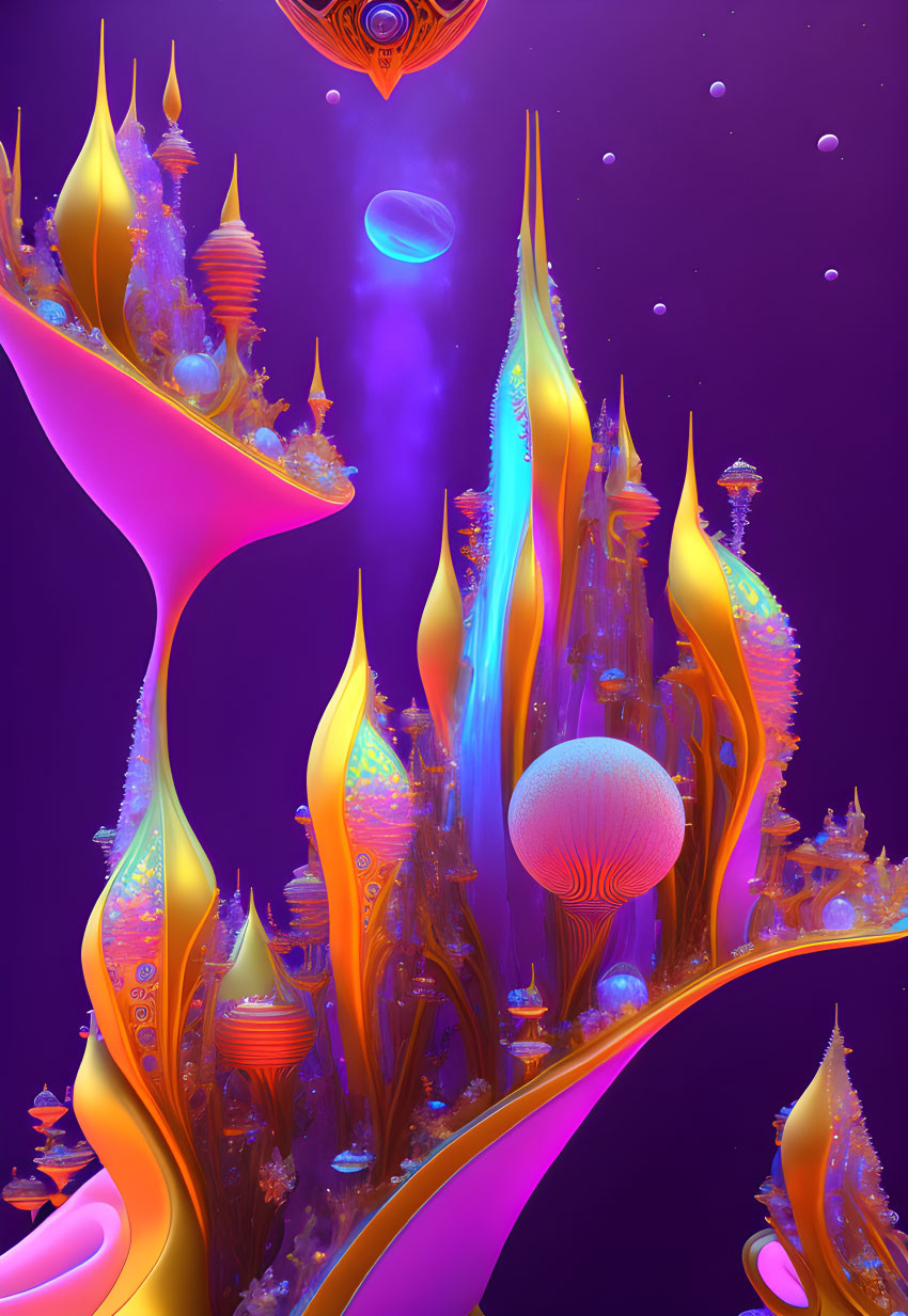 Mystical purple background with golden spire-like structures