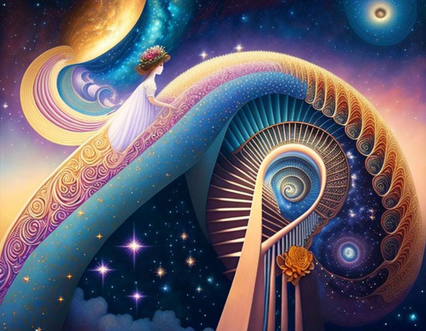 Surreal woman on colorful spiral staircase in cosmic setting