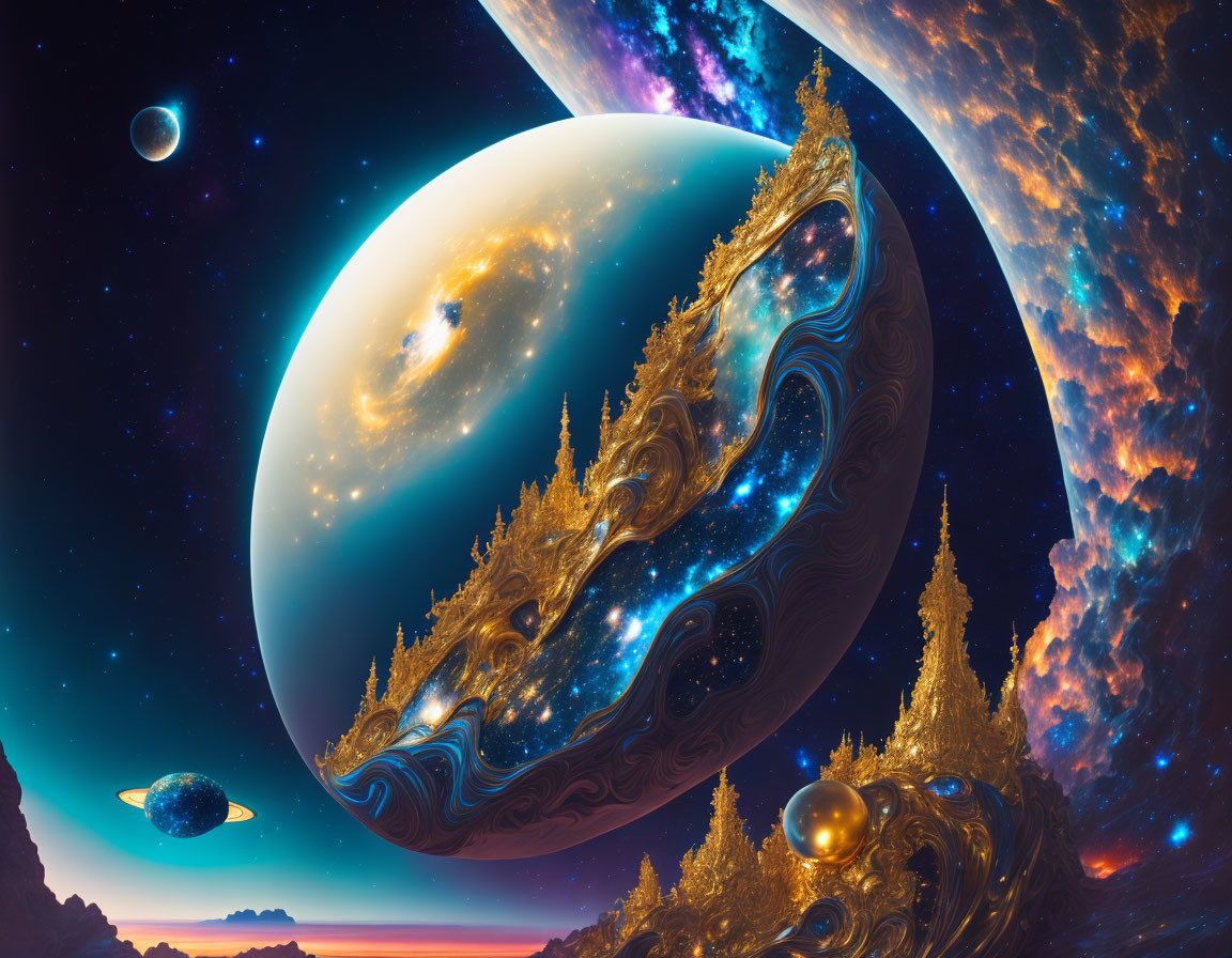 Colorful sci-fi landscape with surreal planet and nebulas viewed from rocky terrain
