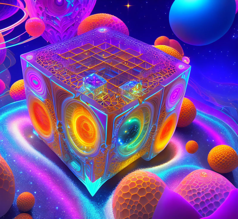 Surreal Landscape with Glowing Cube and Cosmic Backdrop