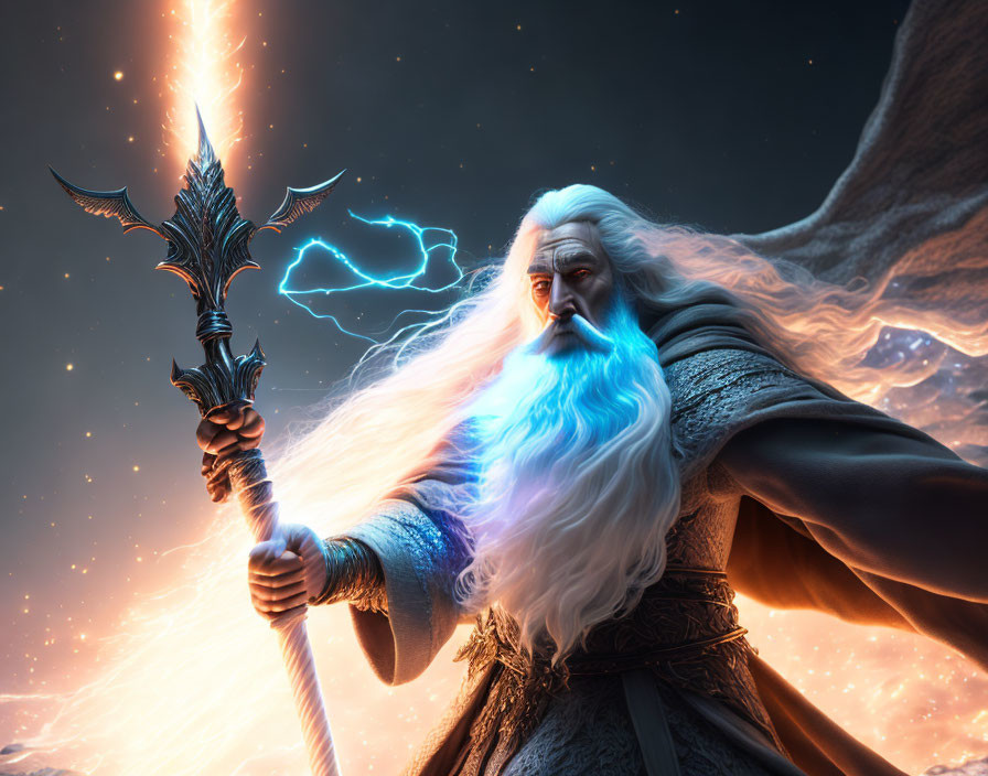 White-bearded wizard with lightning staff under starry sky