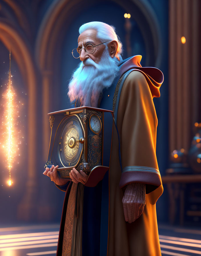 Elderly wizard in robe with mystical box in grand hall